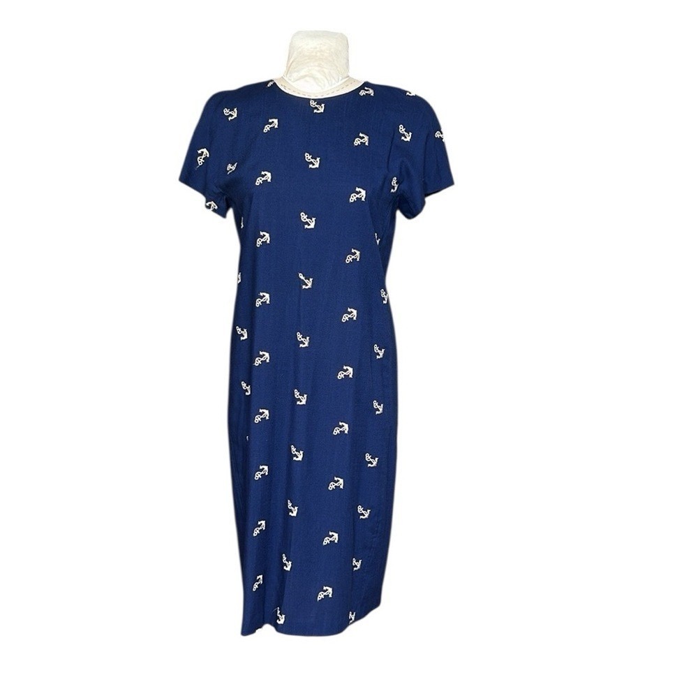 Vintage Toni Todd Dress Womens 12 Navy Blue Anchor Embroidered Button‎ Back